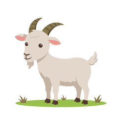 A charming cartoon illustration of a friendly white goat with curved horns standing on a grassy field against a white background