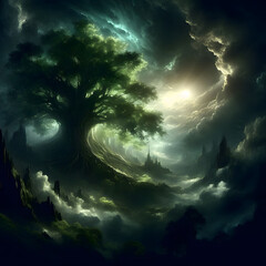 Mystical Fantasy Tree of Life in Enchanted Landscape