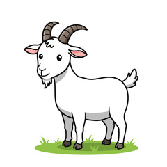 Charming cartoon illustration of a friendly white goat with curved horns standing on green grass in a simple clean style