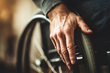 Obraz premium Close-up of a person's hand on a wheelchair wheel, illustrating independence and mobility. The image conveys determination and empowerment in daily life activities.