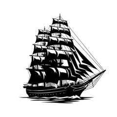 Black silhouette of a sailing ship with many sails isolated on transparent background