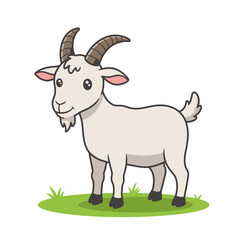 A charming cartoon illustration of a friendly white goat with horns standing on green grass against a white background