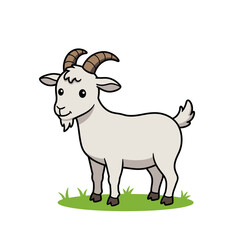 Adorable cartoon illustration of a friendly white goat with horns standing on green grass in a simple clean style