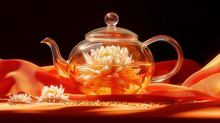 Elegant glass teapot on vibrant fabric, warm amber tea steaming, perfect for cozy gatherings or tea-themed promotions.