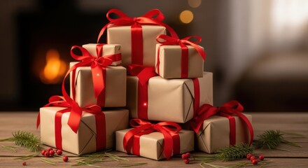 Obraz premium Beautifully Wrapped Holiday Gifts Under Soft Light