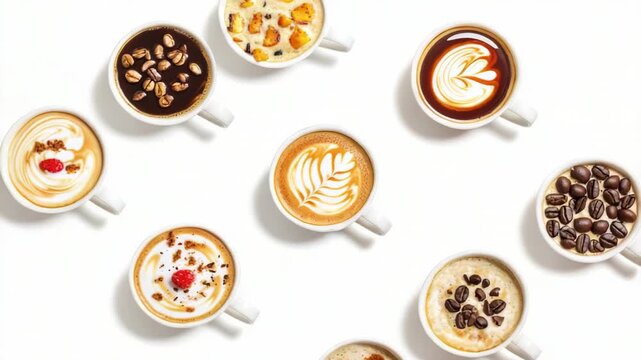 A selection of coffee cups and beans displayed neatly on a surface