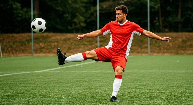 Male soccer player in red uniform kicking the ball on green grass field