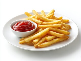 Golden french fries with ketchup on a plate isolated on white background