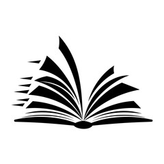 Stylized silhouette of an open book with pages fluttering in the wind symbolizing knowledge and learning