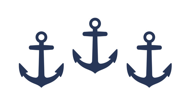 Three dark blue nautical anchors arranged in a pleasing pattern on a clean white background symbolizing maritime themes and seafaring adventures
