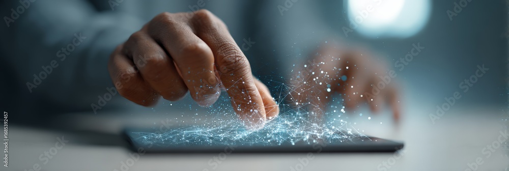 Poster professional businessman interacting with ai holographic interface, touching virtual network and dat
