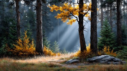 Obraz premium Vector painting illustration of a serene autumn forest with a carpet of golden leaves and rays of sunlight filtering through the branches.