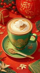 Fototapeta premium Colorful latte art in a green cup, cozy beverage on a festive red table, inviting atmosphere, perfect for cozy gatherings.
