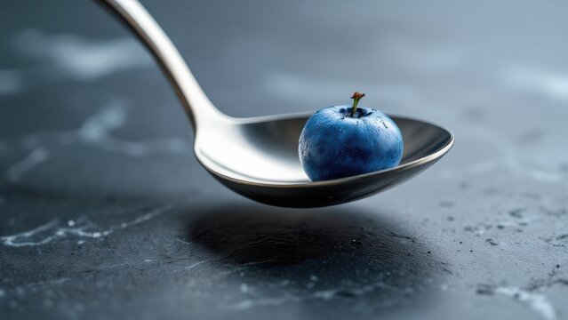 Single Blue Berry on a Spoon Macro Shot With Water Droplets
