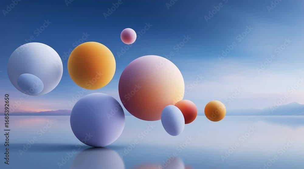 Poster colorful spheres in a serene landscape transition through motion, creating a dynamic visual flow acr