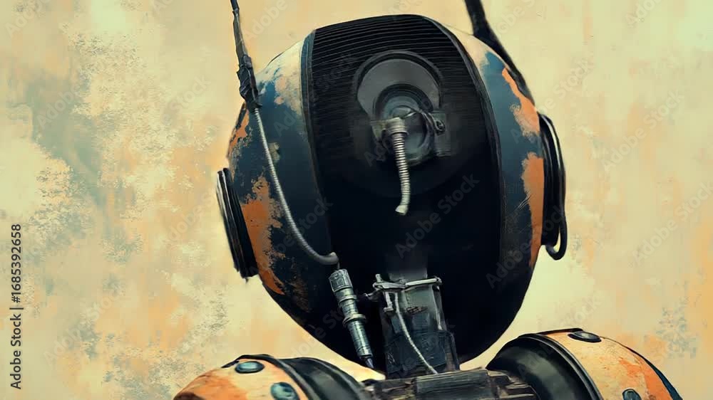 Poster rusty futuristic robot looking into the distance in a hazy atmosphere