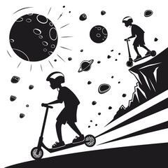 Two boys riding scooters among planets and asteroids in a black and white space themed illustration vector illustration © Pure