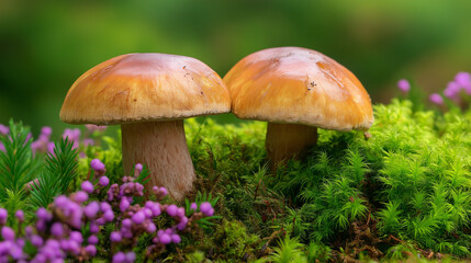 &ldquo;Boletus Mushrooms on Green Moss with Forest Flowers in Sunset Light &ndash; Nature and Autumn Concept&rdquo;