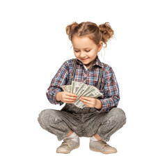Young girl counting money on a transparent background