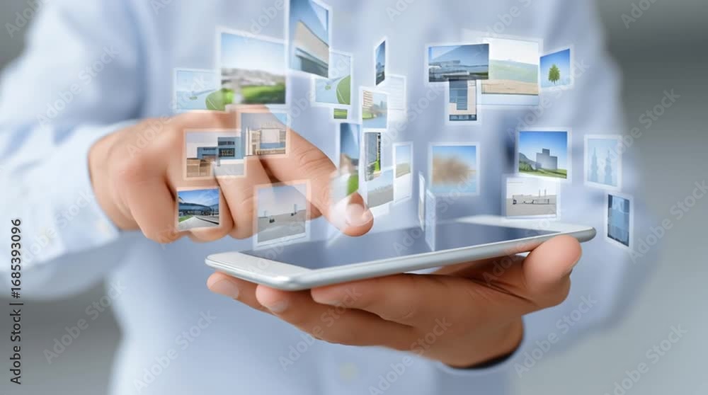 Poster individual interacting with smartphone, selecting images from a digital gallery, showcasing a seamle