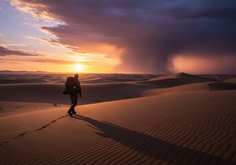 Obraz premium Lone traveler walks across vast desert dunes at sunset with storm clouds approaching sand