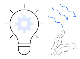Lightbulb with gear inside, wavy arrows pointing down, and minimal plant element. Ideal for creativity, innovation, process optimization, sustainability, energy efficiency, brainstorming