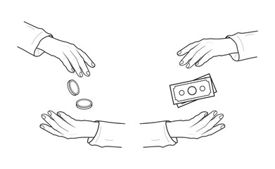 Bundle set outline illustration of a hand giving money to another receiving hand, symbolizing charity, donation, contribution, support, begging, and fundraising.