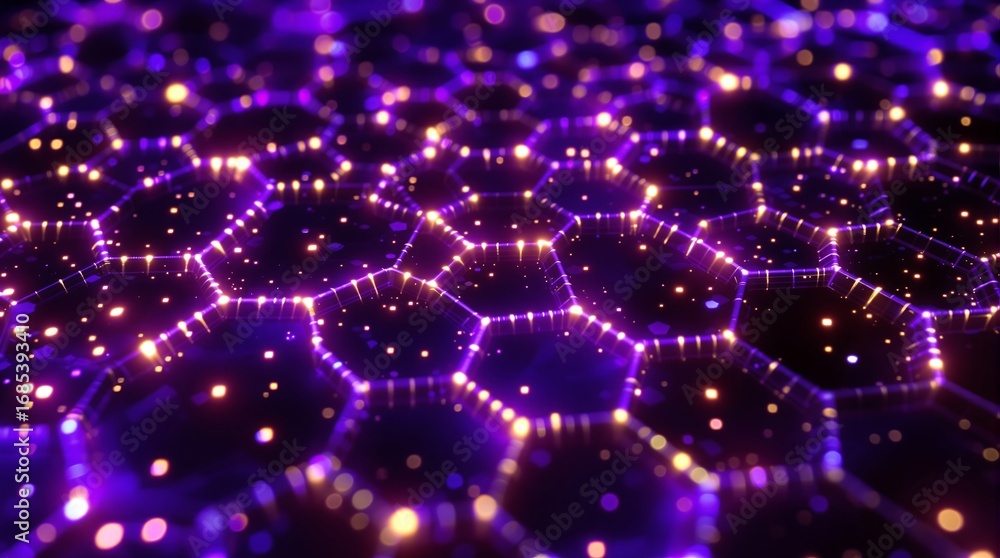 Poster abstract purple hexagon background with glowing particles and lines for technology design