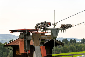 Ski lift equipment at a mountain resort in Switzerland during the summer season