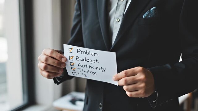 Checklist problem budget authority timing fit businessperson holding checklist with five boxes ticked showing completed sales