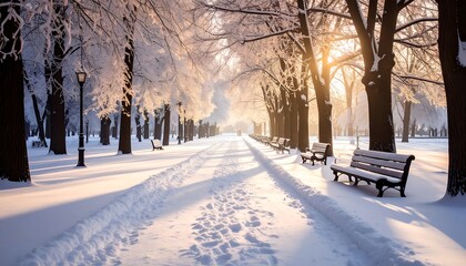 Winter wonderland park path. Sunlight streams through trees covered in frost and snow, illuminating a snow-dusted path lined with park benches