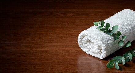 Soft white towel with eucalyptus leaves on a dark wooden table