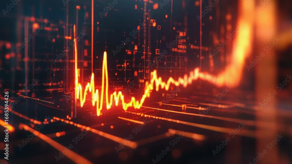 Poster glowing orange graph increasing on digital abstract background