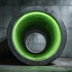 A large concrete pipe or tunnel with a glowing green light inside. Abstract, futuristic, and industrial background with a mysterious atmosphere.
