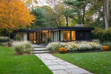 Mid-century modern house exterior surrounded by vibrant autumn foliage in a serene suburban setting during early evening hours