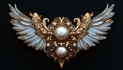 Exquisite pearl and gold wing jewelry design on black background