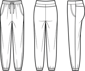 CAD drawing flat vector illustration of elastic cuff jogger pants for men, front back and side view technical sketch