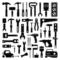 Obraz premium Assorted tools and vehicles hammer wrench