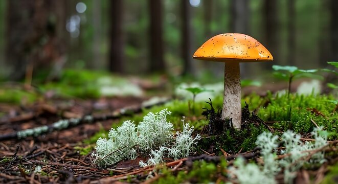 Bright orange mushroom grows in a mossy forest floor