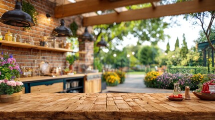 Fototapeta premium Rustic outdoor kitchen with textured countertop. Perfect for food photography, mockup and product placement to promote lifestyle and outdoor products