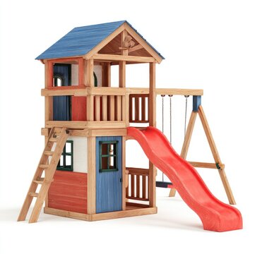 Multi-level wooden playhouse with slide and swing