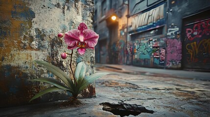 Orchid blooming in an urban alley