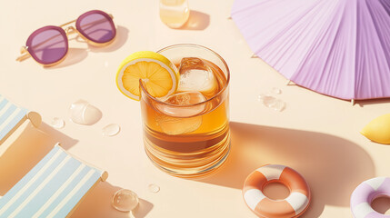 “Summer Cocktail with Beach Elements – Refreshing Holiday Drink Concept”