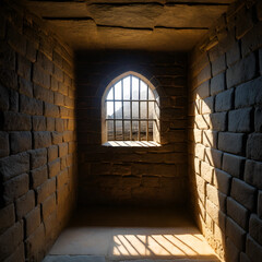 Medieval dungeon cell illuminated by a barred window.