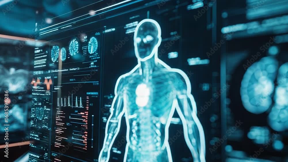 Poster futuristic medical interface displaying human body scan and data analysis