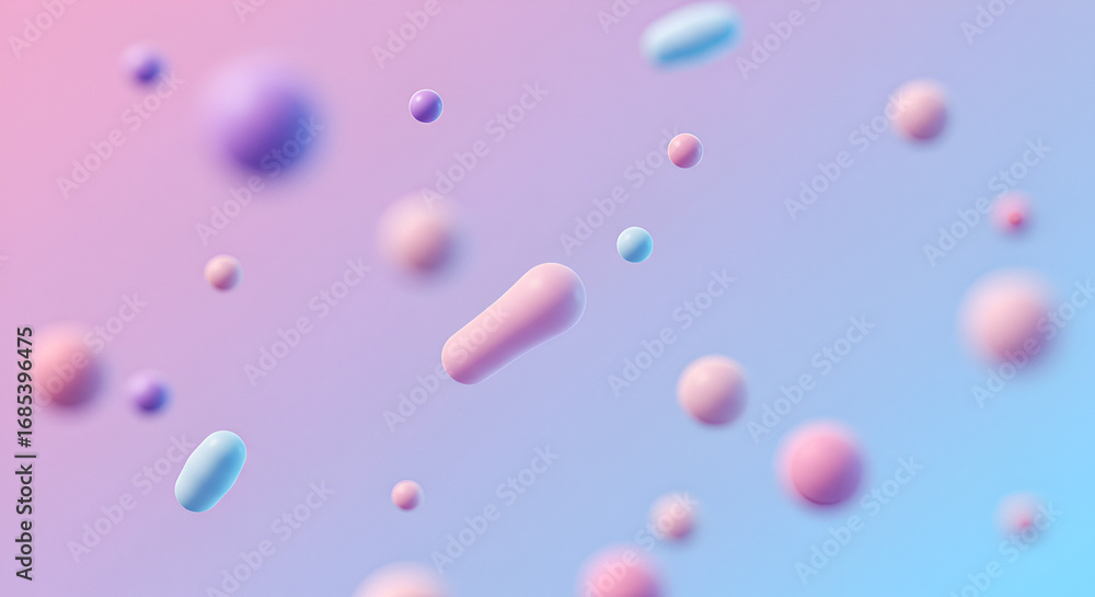 Poster pastel gradient background with floating spheres and capsules for abstract design