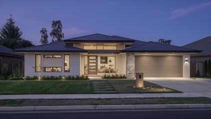Stylish Home Exterior in Evening Light with Landscape Design