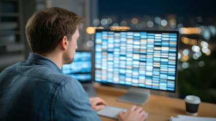 A researcher analyzes telomere sequences in a bioinformatics lab with screens showing nucleotide alignments a mouse clicking lab notebooks open and a coffee machine humming - Powered by Adobe