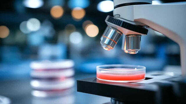 A researcher cultures gene edited cells for telomere studies in a regenerative lab with incubators warming media bottles aligned petri dishes stacked and a microscope nearby