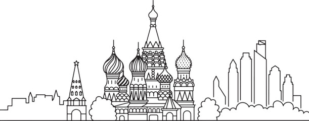 Moscow Skyline Vector Illustration with Saint Basil's Cathedral and City Buildings